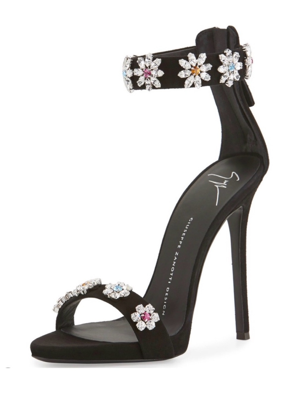 Giuseppe Zanotti Black Jeweled Floral Crystal High Heel Sandals 100mm